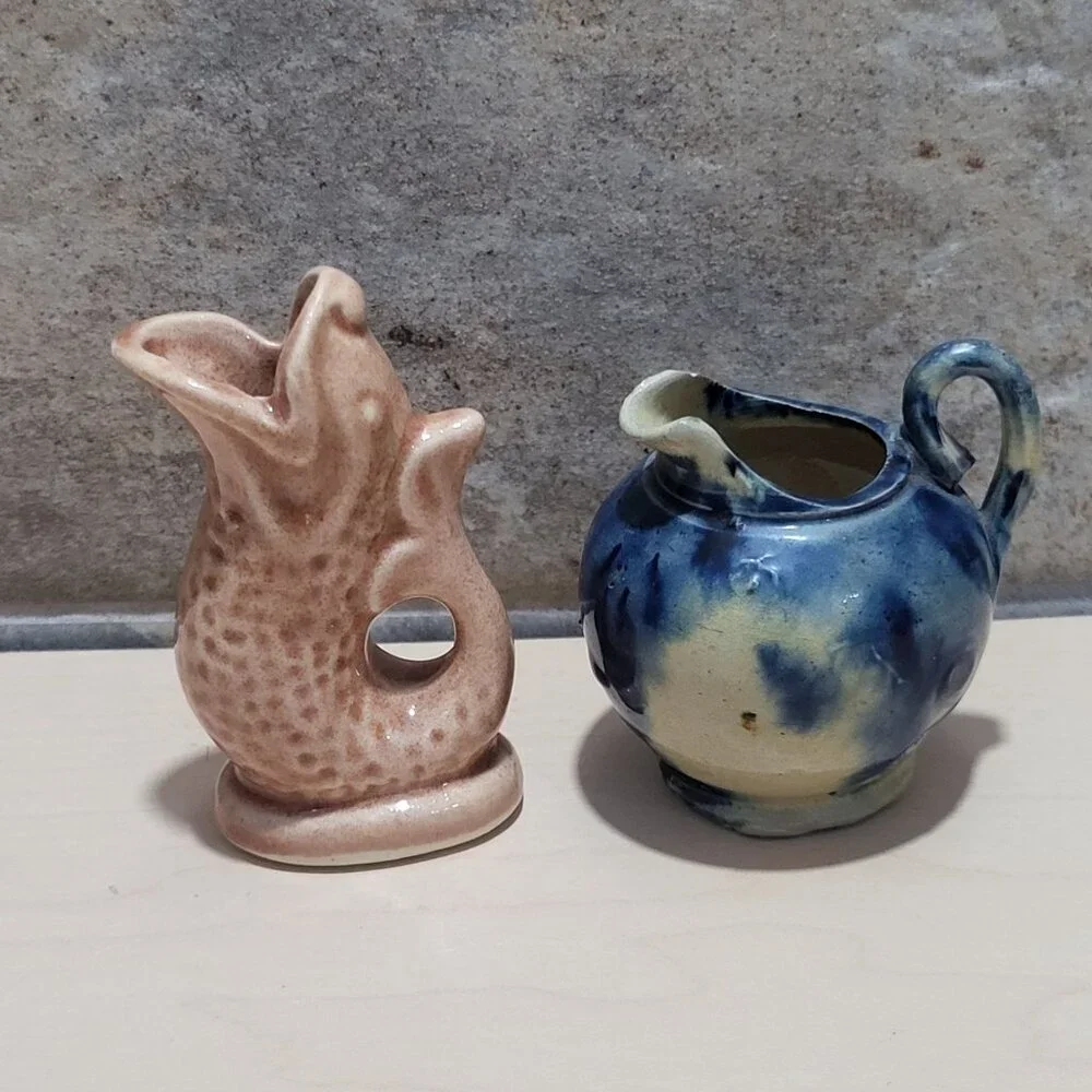 Vintage Miniature Fish Shaped Blue Round Ceramic Pitcher Jugs Set of 2